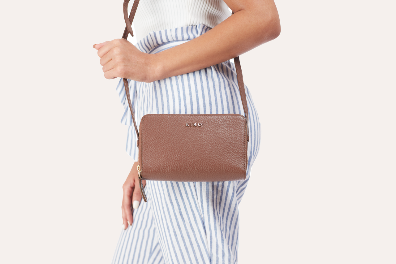 Kiko Pebble Leather Zip Around Crossbody Bag with adjustable strap and multiple compartments for organization