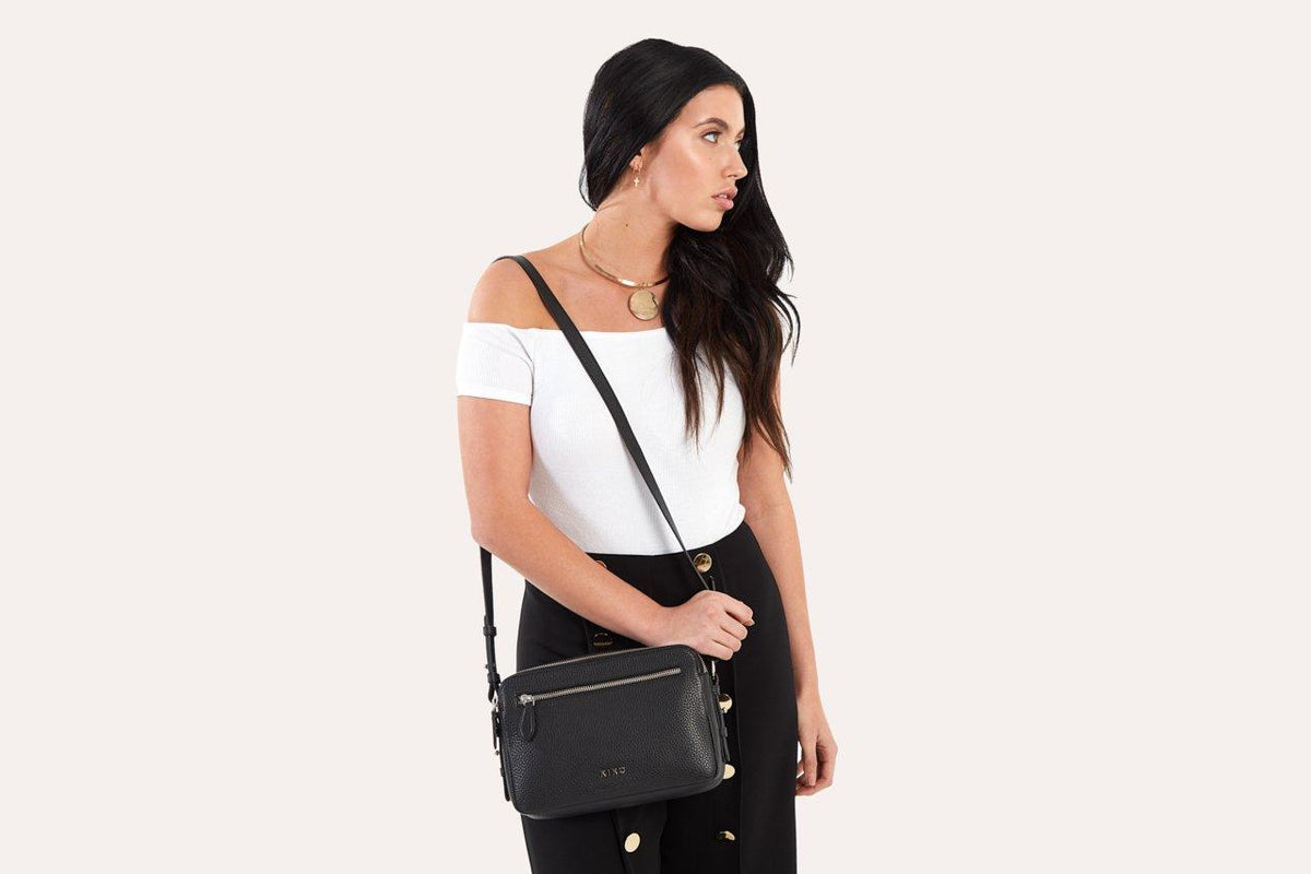 Kiko Classic Crossbody Bag in genuine pebble leather with multiple compartments and adjustable strap