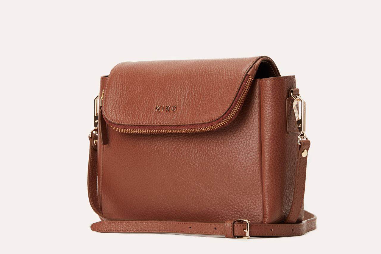 Kiko Fold Over Crossbody bag in genuine pebble leather with magnetic closure and adjustable shoulder strap