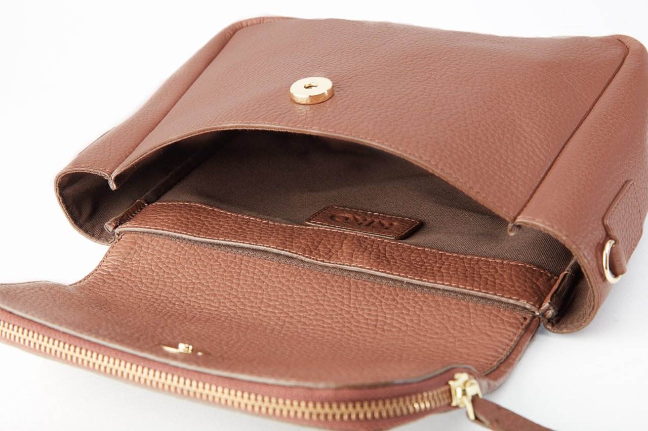 Kiko Fold Over Crossbody bag in genuine pebble leather with magnetic closure and adjustable strap