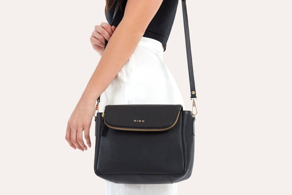 Kiko Fold Over Crossbody bag in genuine pebble leather with magnetic closure and adjustable strap