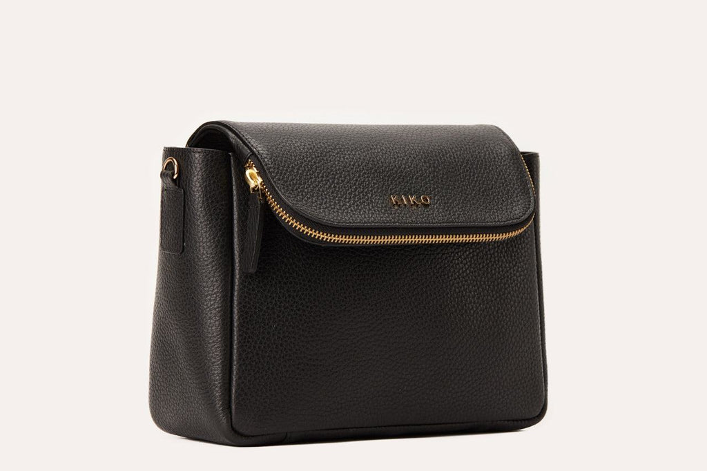 Kiko Fold Over Crossbody bag in genuine pebble leather with magnetic closure and adjustable strap