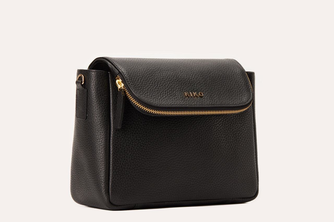 Kiko Fold Over Crossbody bag in genuine pebble leather with magnetic closure and adjustable strap