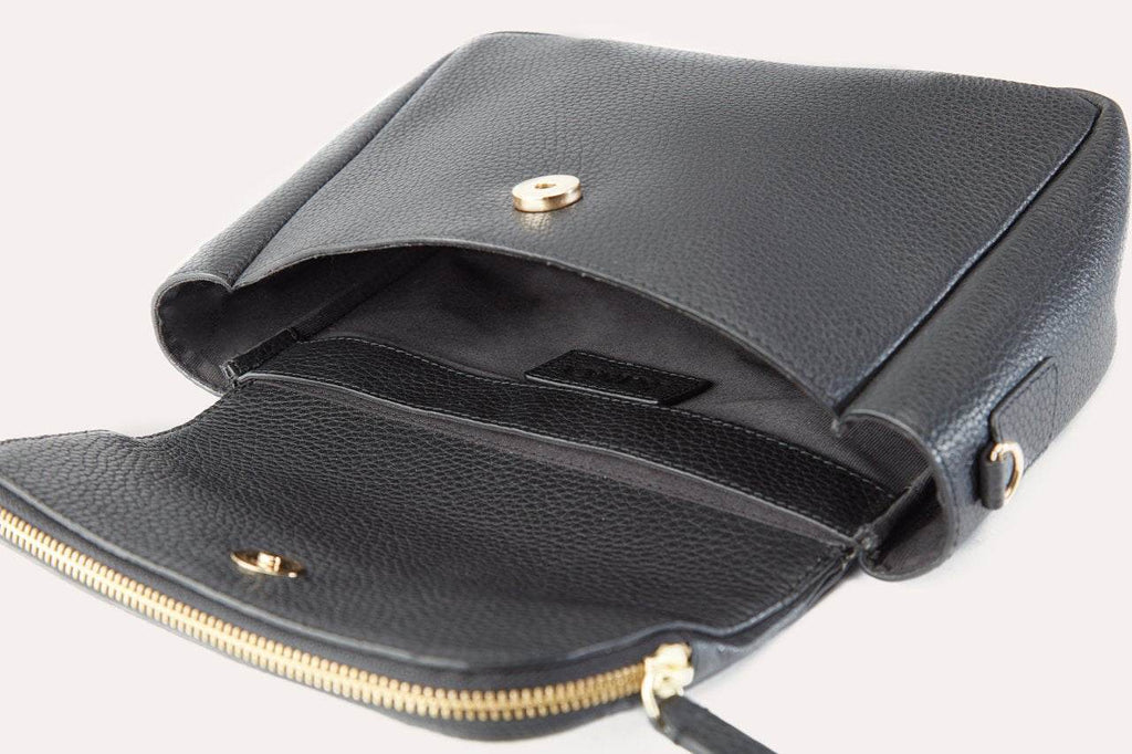 Kiko Fold Over Crossbody bag in genuine pebble leather with magnetic closure and adjustable strap