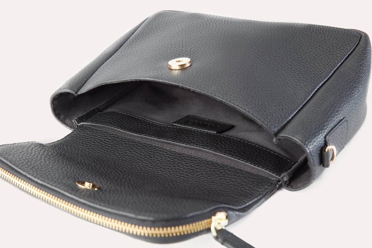 Kiko Fold Over Crossbody bag in genuine pebble leather with magnetic closure and adjustable strap