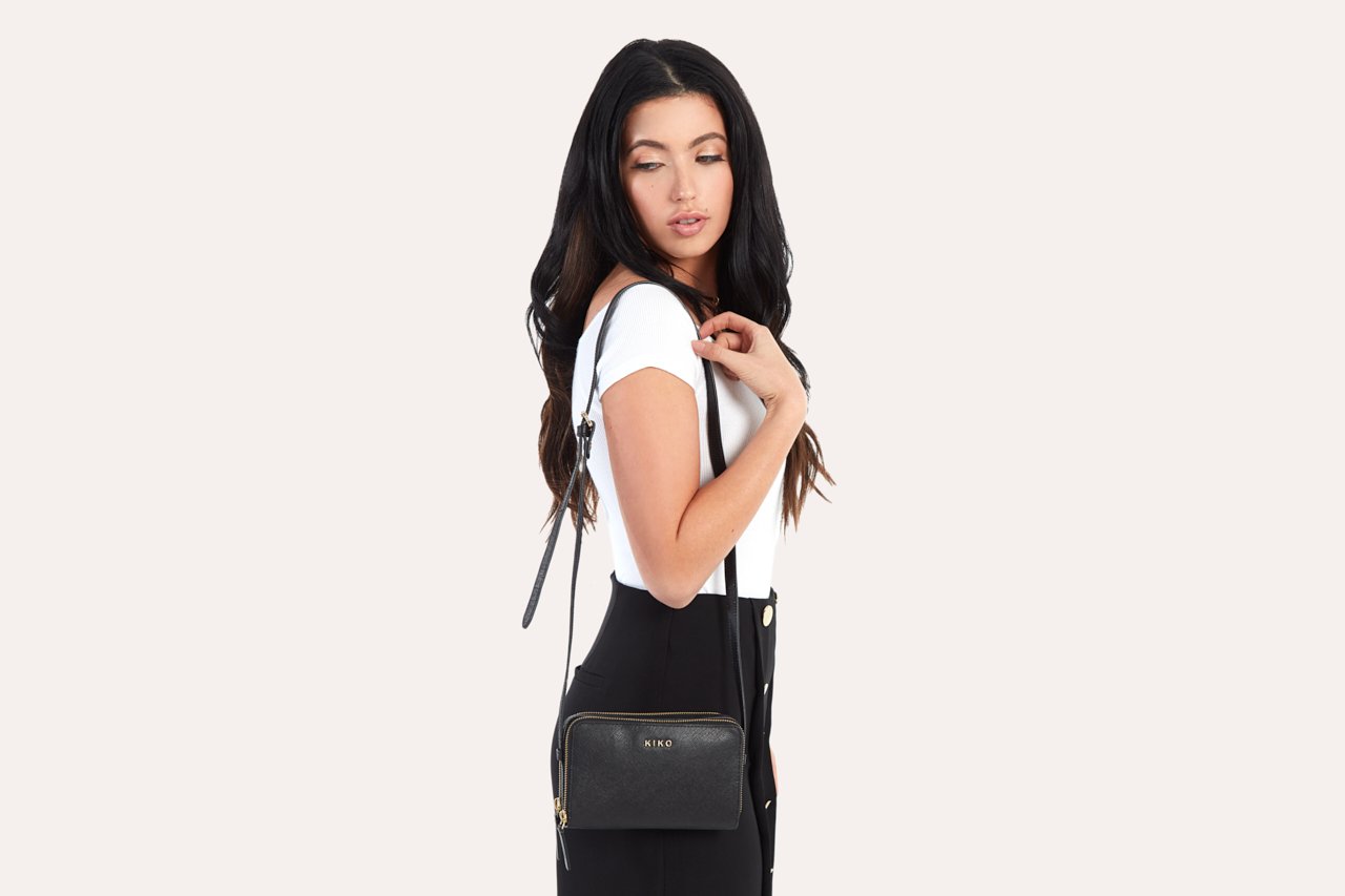 Kiko Zip Around Crossbody Bag in genuine saffiano leather with adjustable strap and multiple compartments for organized daily use
