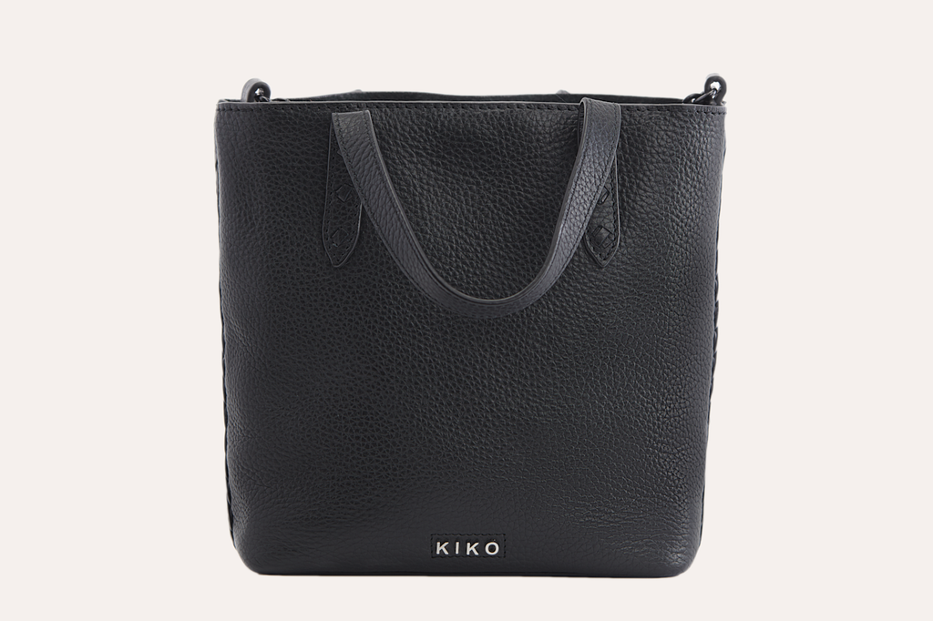 Kiko Side Weaved Tote in top grain cowhide pebble leather with magnetic closure and adjustable strap