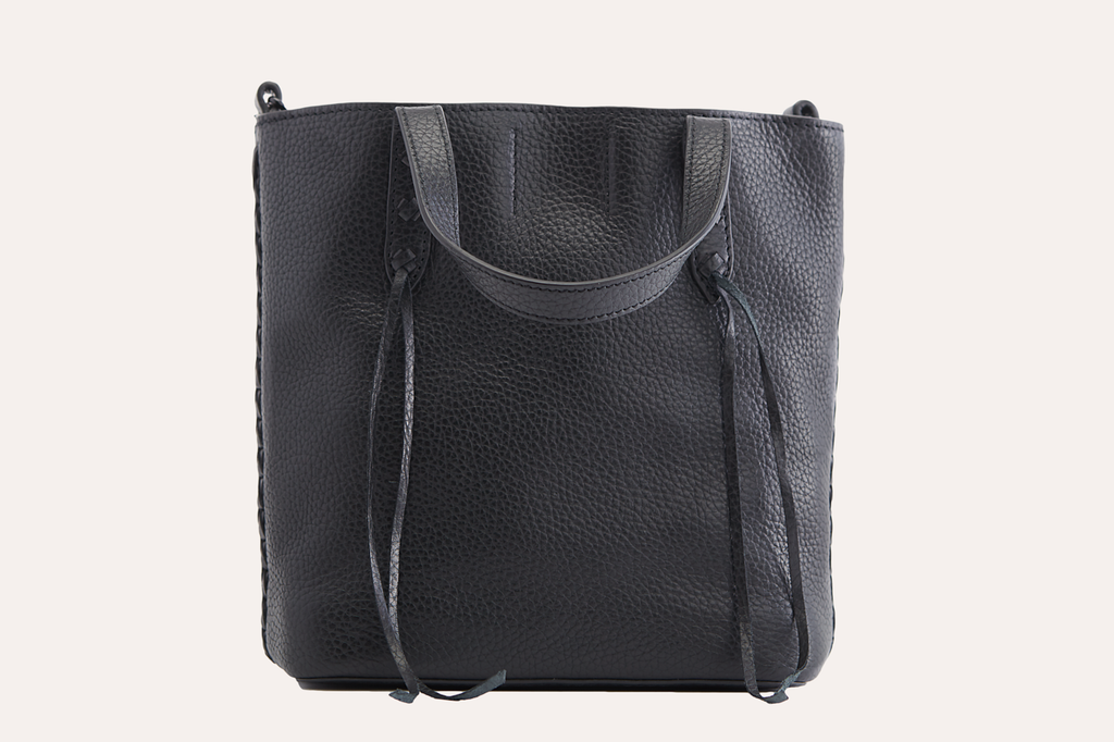 Kiko Side Weaved Tote in top grain cowhide pebble leather with magnetic closure and adjustable strap