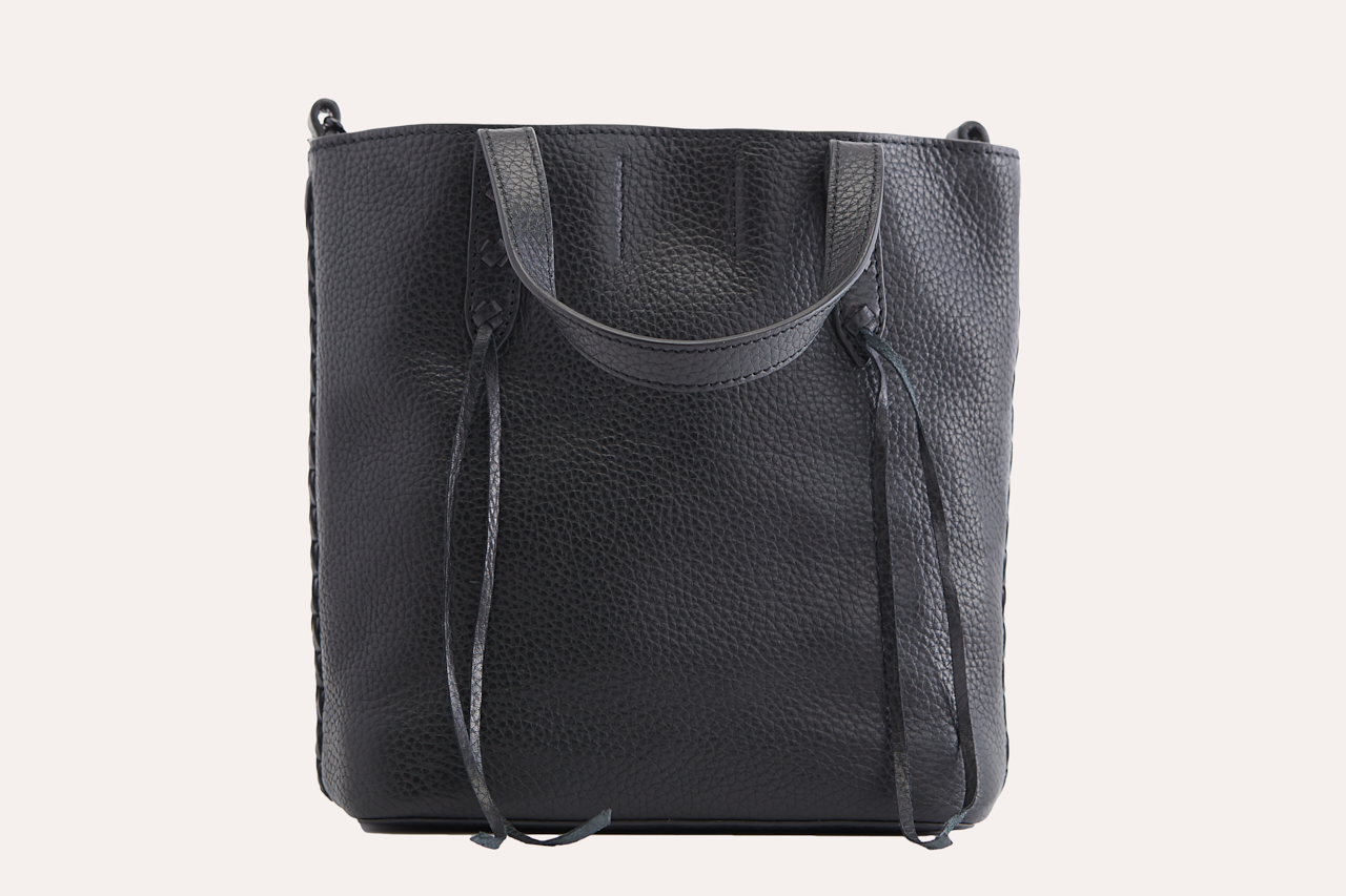Kiko Side Weaved Tote in top grain cowhide pebble leather with magnetic closure and adjustable strap