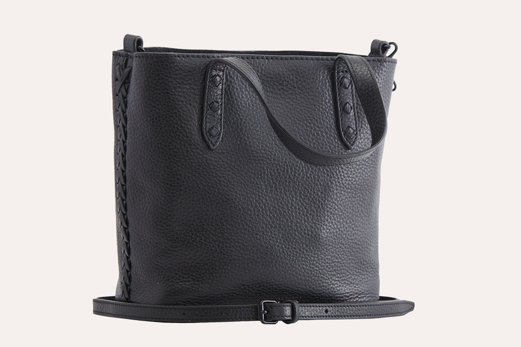 Kiko Side Weaved Tote in top grain cowhide leather with magnetic closure and adjustable strap