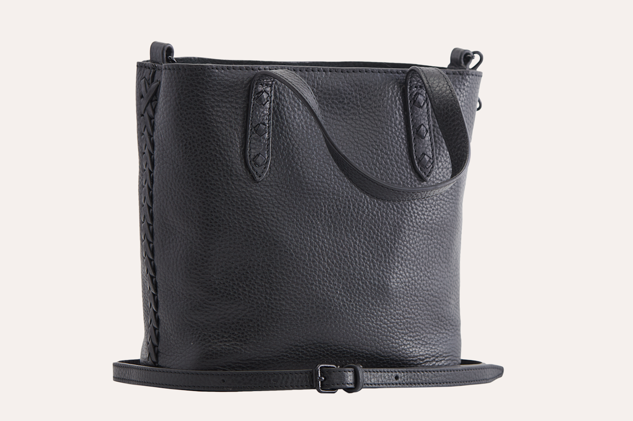 Kiko Side Weaved Tote in top grain cowhide leather with magnetic closure and adjustable strap