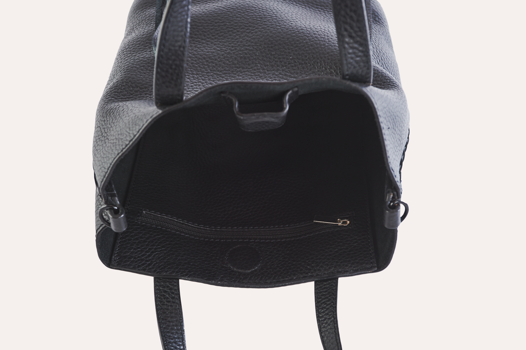 Kiko Side Weaved Tote in top grain cowhide leather with magnetic closure and adjustable strap