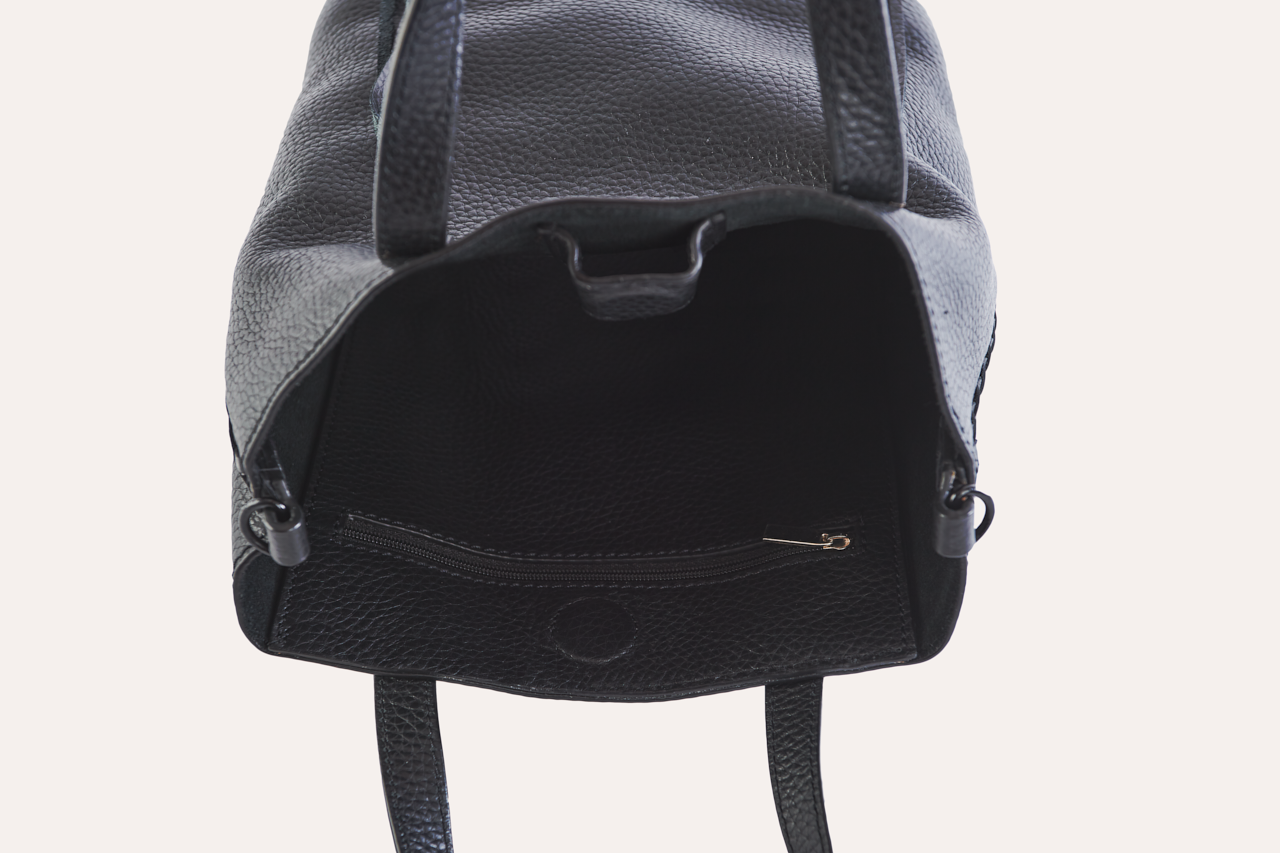 Kiko Side Weaved Tote in top grain cowhide leather with magnetic closure and adjustable strap