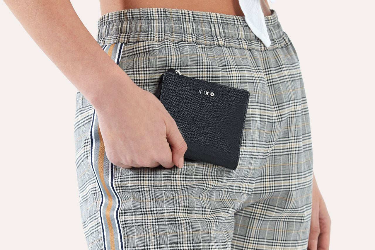 Compact Kiko leather coin purse in genuine Saffiano leather with zipper coin slot and card storage