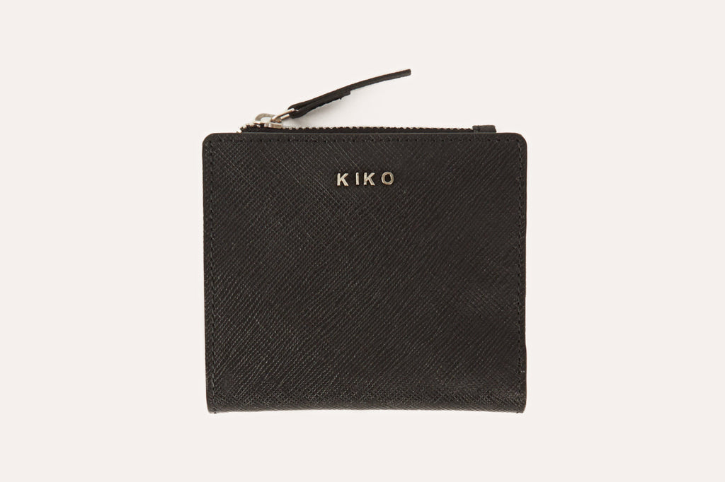 Compact genuine saffiano leather coin purse with ID window, zipper coin slot, and card storage slots
