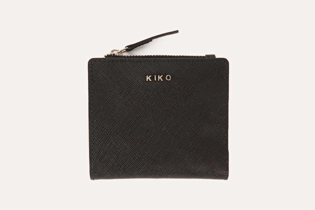 Compact genuine saffiano leather coin purse with ID window, zipper coin slot, and card storage slots