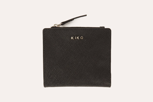 Compact genuine saffiano leather coin purse with ID window, zipper coin slot, and card storage slots