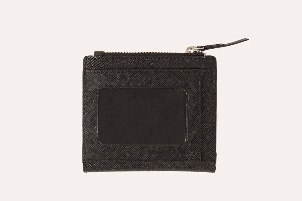 Compact genuine Saffiano leather coin purse with ID window, zipper coin slot, and card storage slots