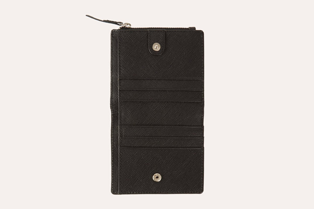 Compact genuine saffiano leather coin purse with ID window, zipper coin slot, card storage, and bill sleeve