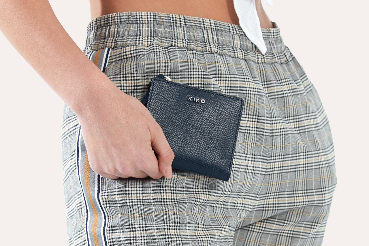 Kiko genuine Saffiano leather coin purse with zipper slot, ID window, and card storage