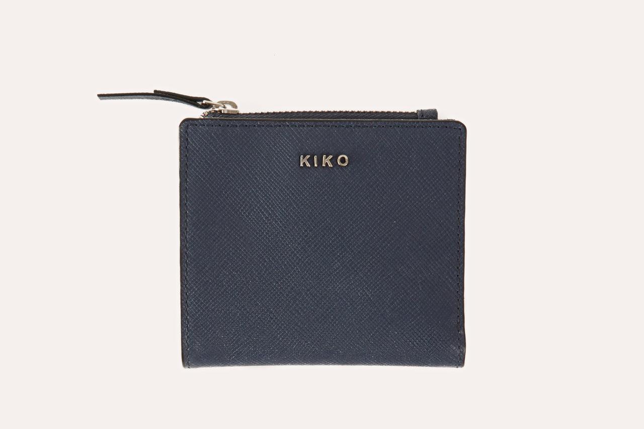 Compact Genuine Saffiano leather coin purse with zipper coin slot, ID window, card slots, and bill sleeve
