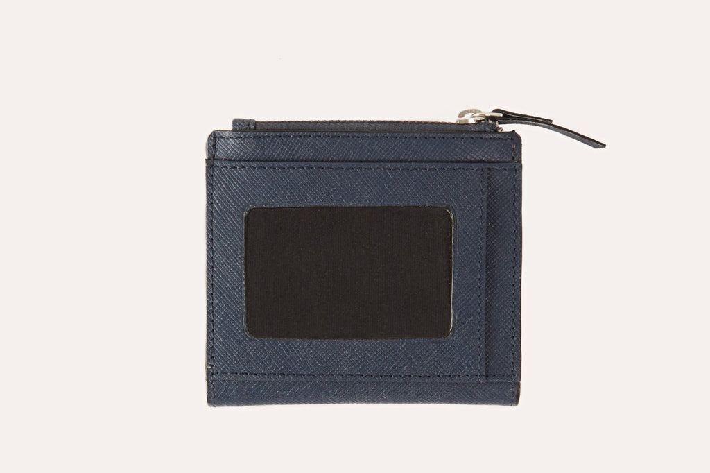 Compact genuine Saffiano leather coin purse with card slots, ID window, zipper coin pocket, and bill sleeve