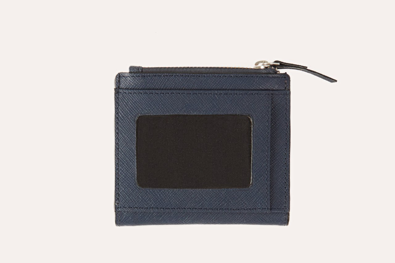 Compact genuine Saffiano leather coin purse with card slots, ID window, zipper coin pocket, and bill sleeve