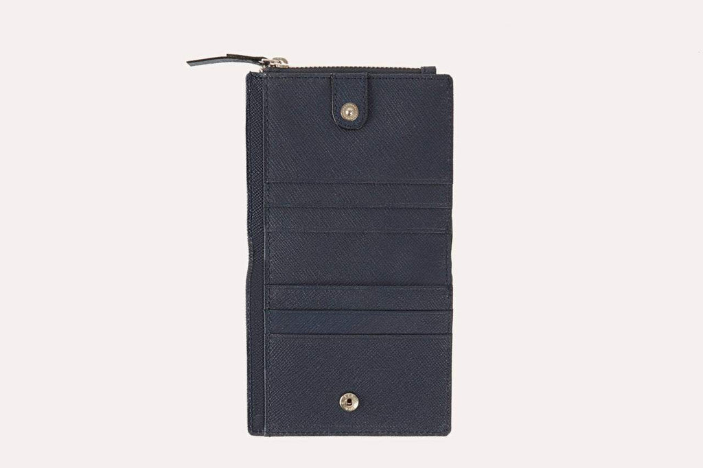 Compact genuine Saffiano leather coin purse with zipper slot, ID window, card slots, and bill sleeve