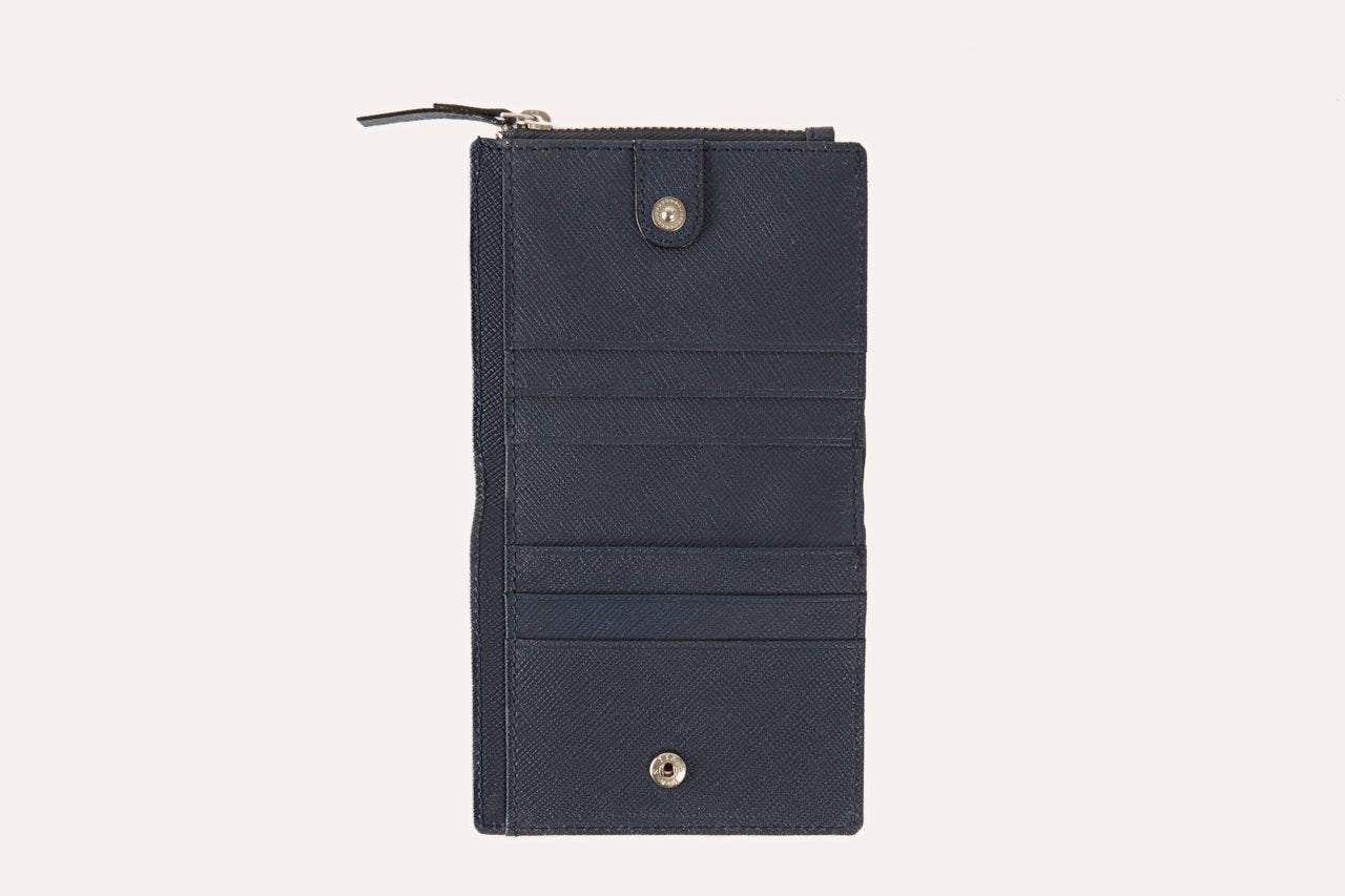Compact genuine Saffiano leather coin purse with zipper slot, ID window, card slots, and bill sleeve