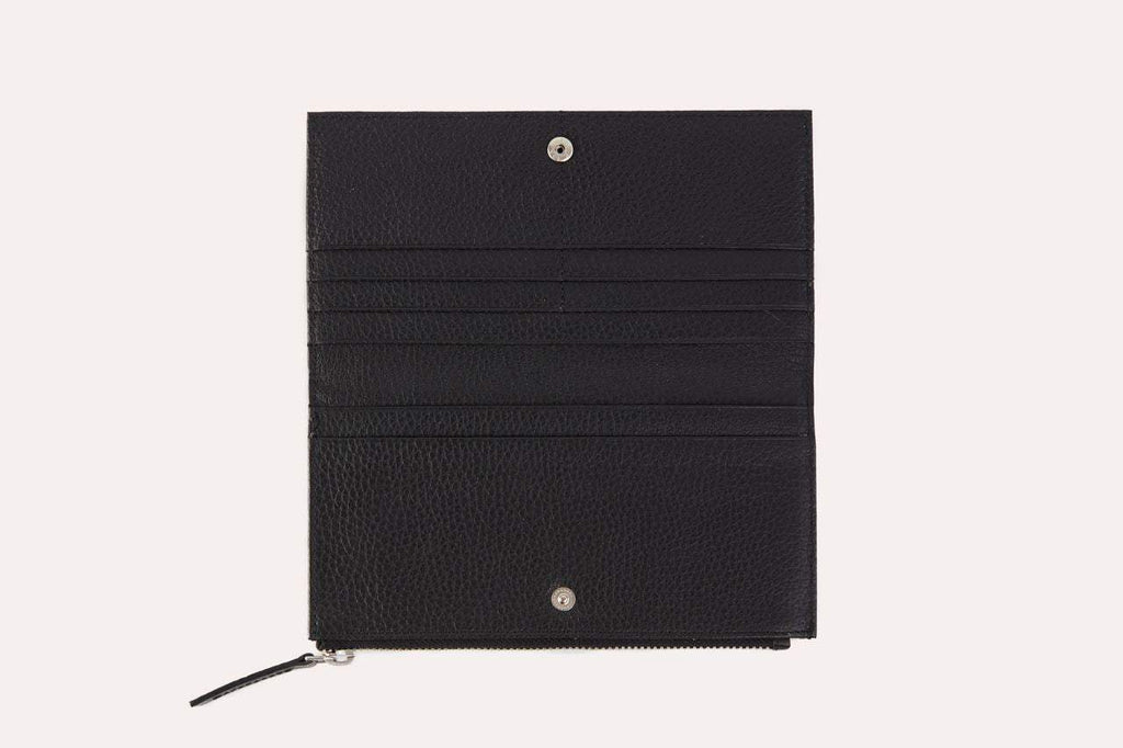 Genuine pebble leather top zip wallet with button closure and multiple compartments for cards, bills, and coins