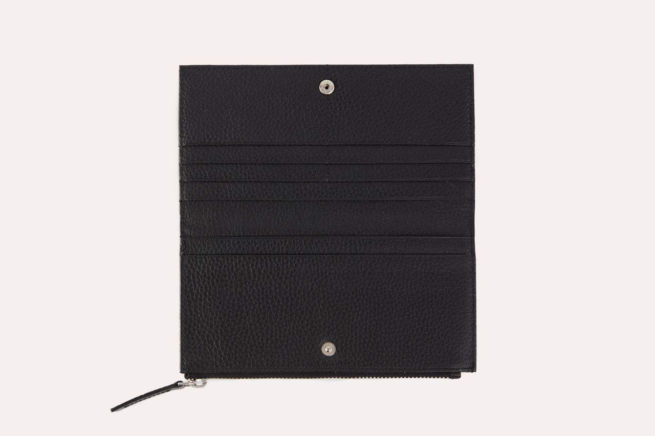 Genuine pebble leather top zip wallet with button closure and multiple compartments for cards, bills, and coins