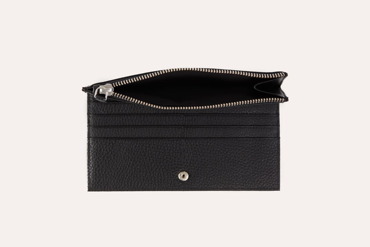 Genuine pebble leather top zip wallet with card slots, bill sleeves, and coin pouch in classic elegant design