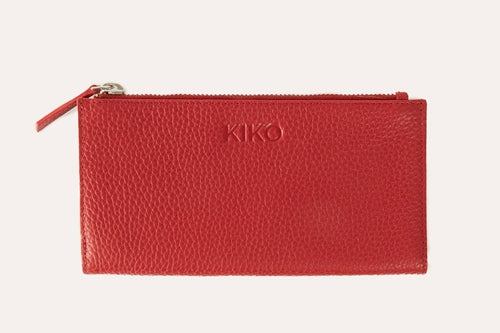 Genuine pebble leather top zip wallet with multiple compartments and secure button closure