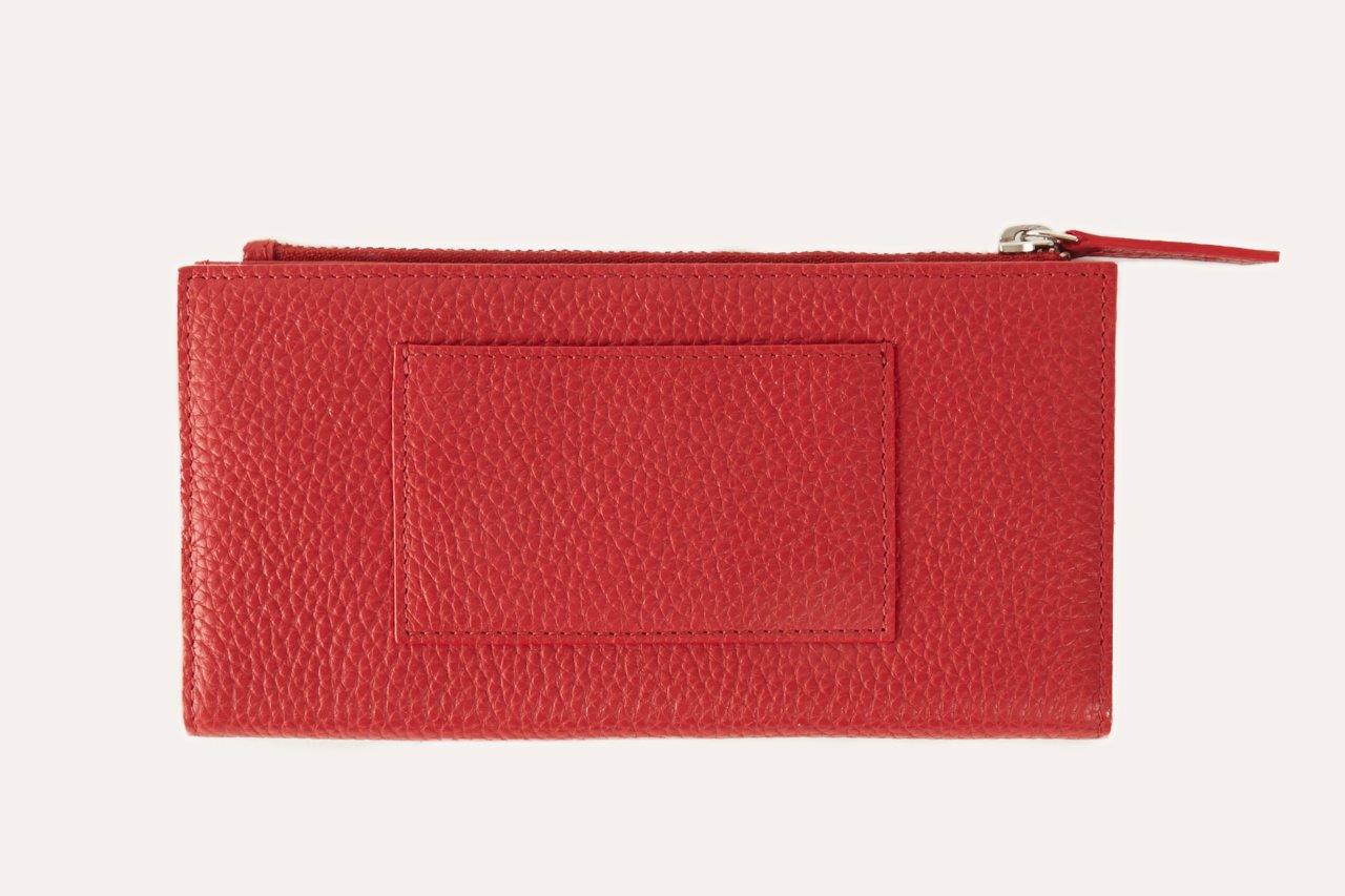 Genuine pebble leather top zip wallet with card slots, bill sleeves, coin pouch, and button closure in classic elegant design