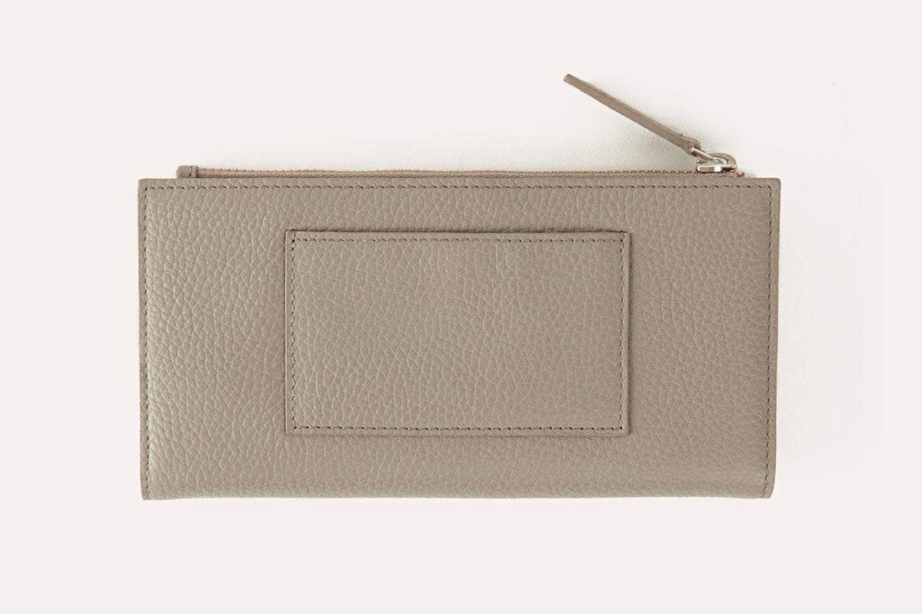 Genuine pebble leather top zip wallet with card slots, bill sleeves, and coin pouch in classic elegant design