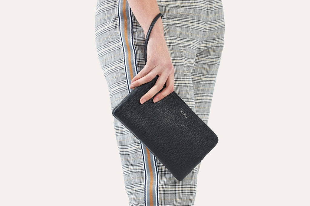 Kiko Large Wristlet in genuine pebble leather with double zip compartments and built-in wallet for organized essentials