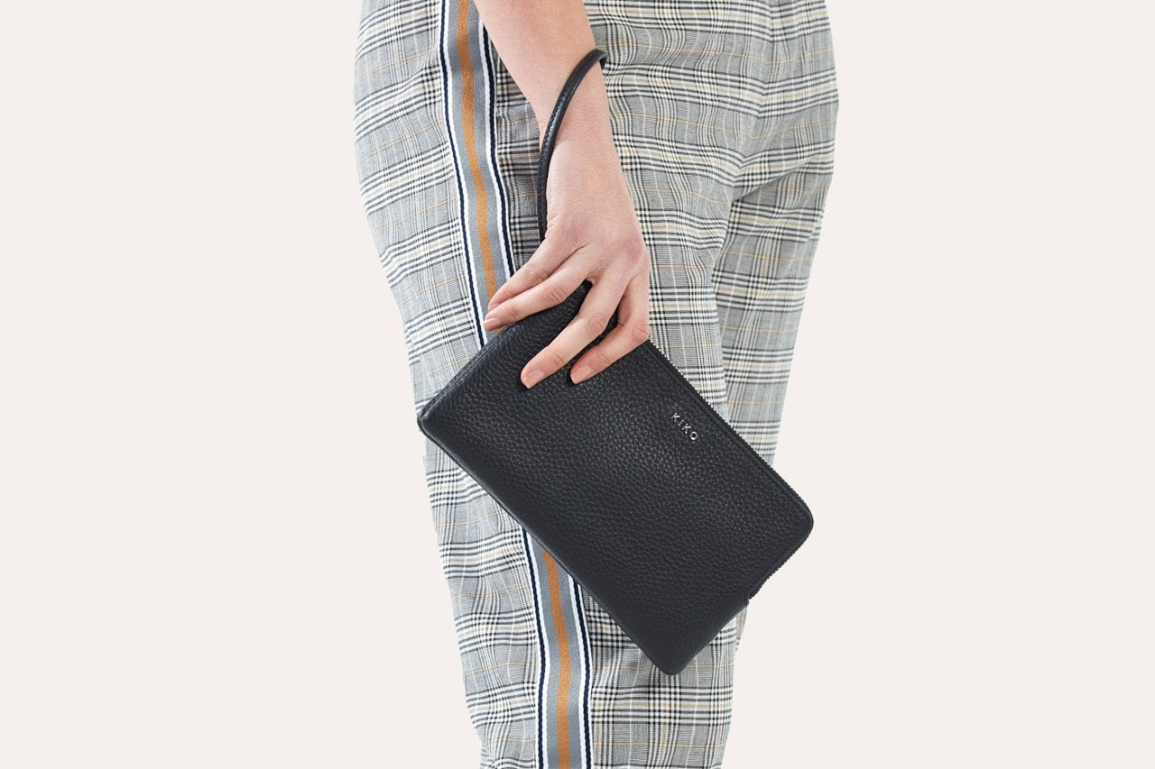 Kiko Large Wristlet in genuine pebble leather with double zip compartments and built-in wallet for organized essentials