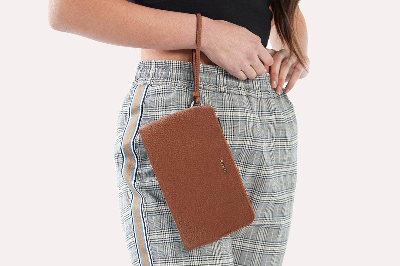 Kiko Large Wristlet Genuine Pebble Leather Double Zip Organizer with Card Slots and Sleeve Pockets
