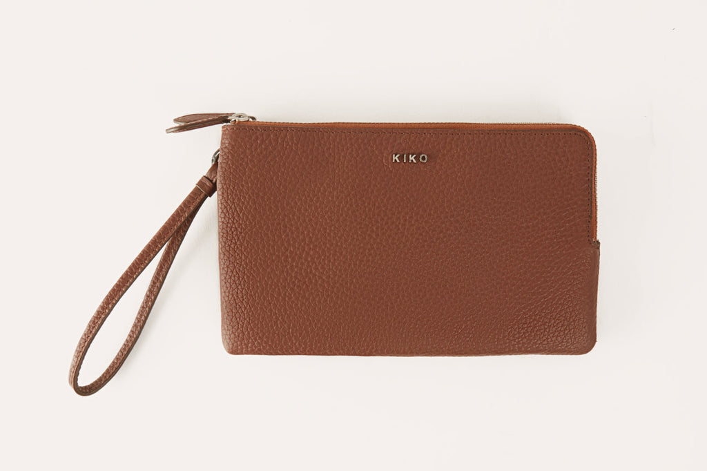 Kiko Large Wristlet in genuine pebble leather with double zipper compartments and built-in wallet for organized essentials
