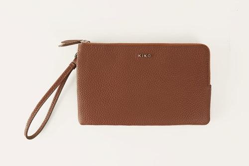 Kiko Large Wristlet in genuine pebble leather with double zip compartments and built-in wallet for organized essentials