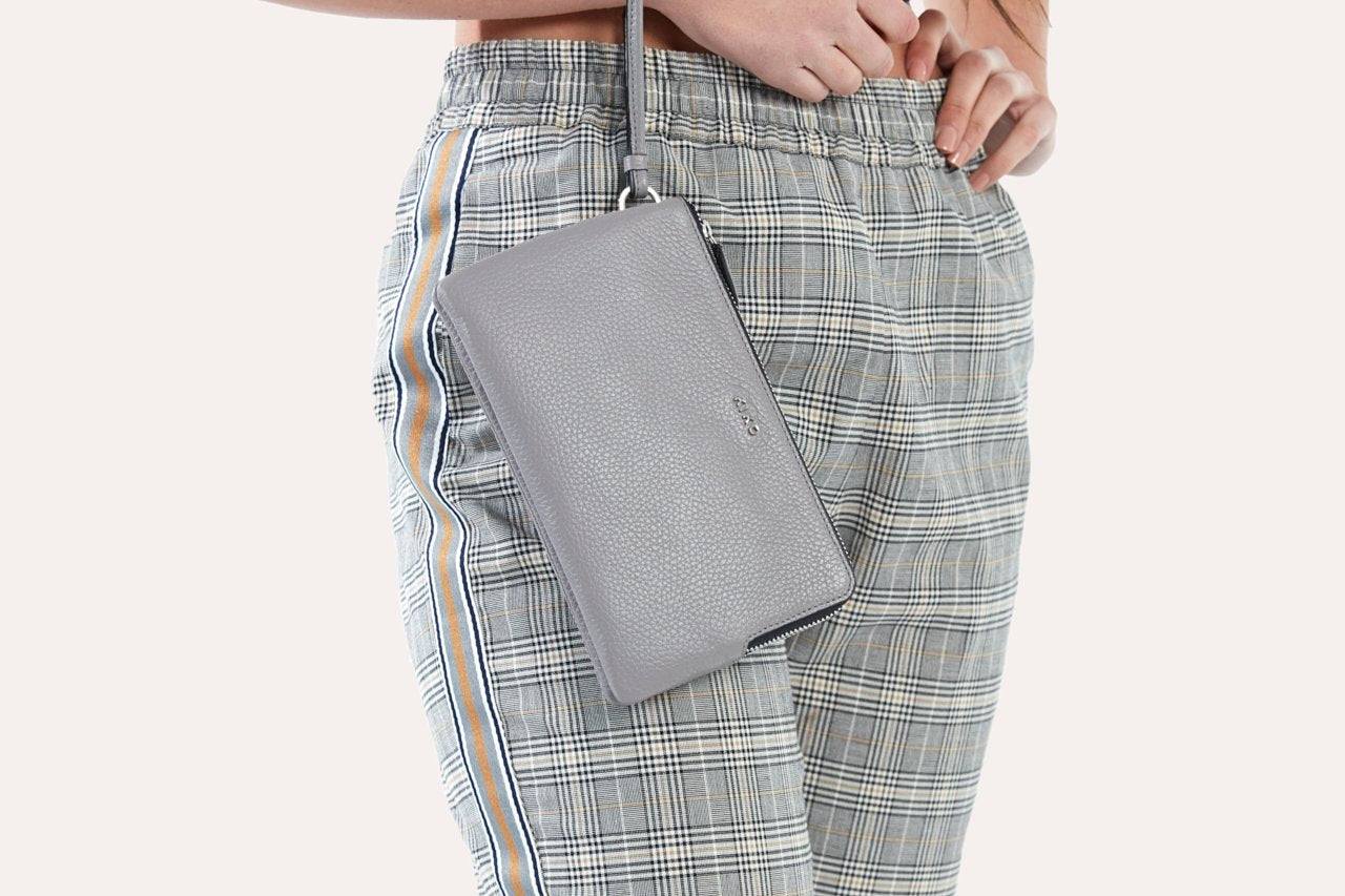 Kiko Large Wristlet genuine pebble leather double zip organizer with built-in wallet and smart compartments