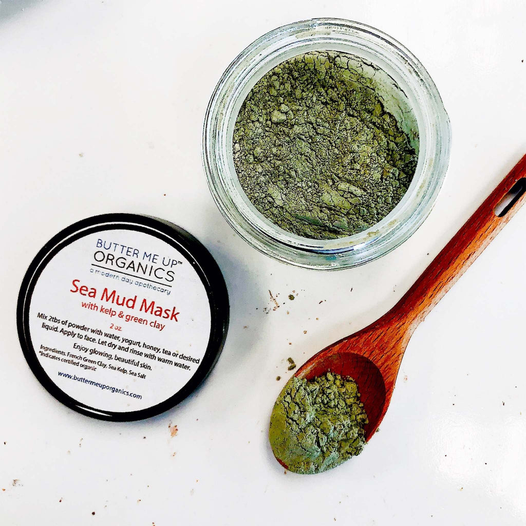 Organic Sea Mud Face Mask in glass jar with French green clay and sea kelp ingredients