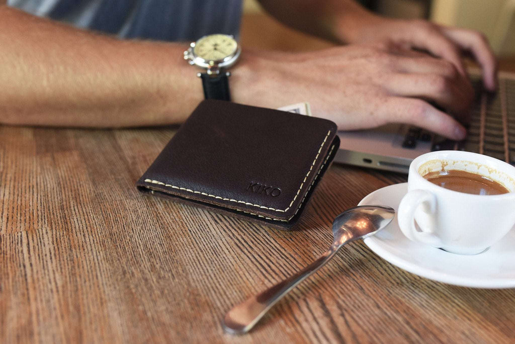Wave Bifold Leather Wallet with light stitching and 6 card slots in slim bifold design