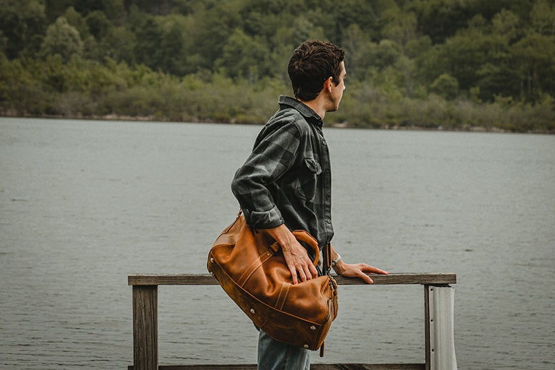 Dagny Leather Weekender Duffle Bag in premium crazy horse leather with multiple compartments and removable shoulder strap