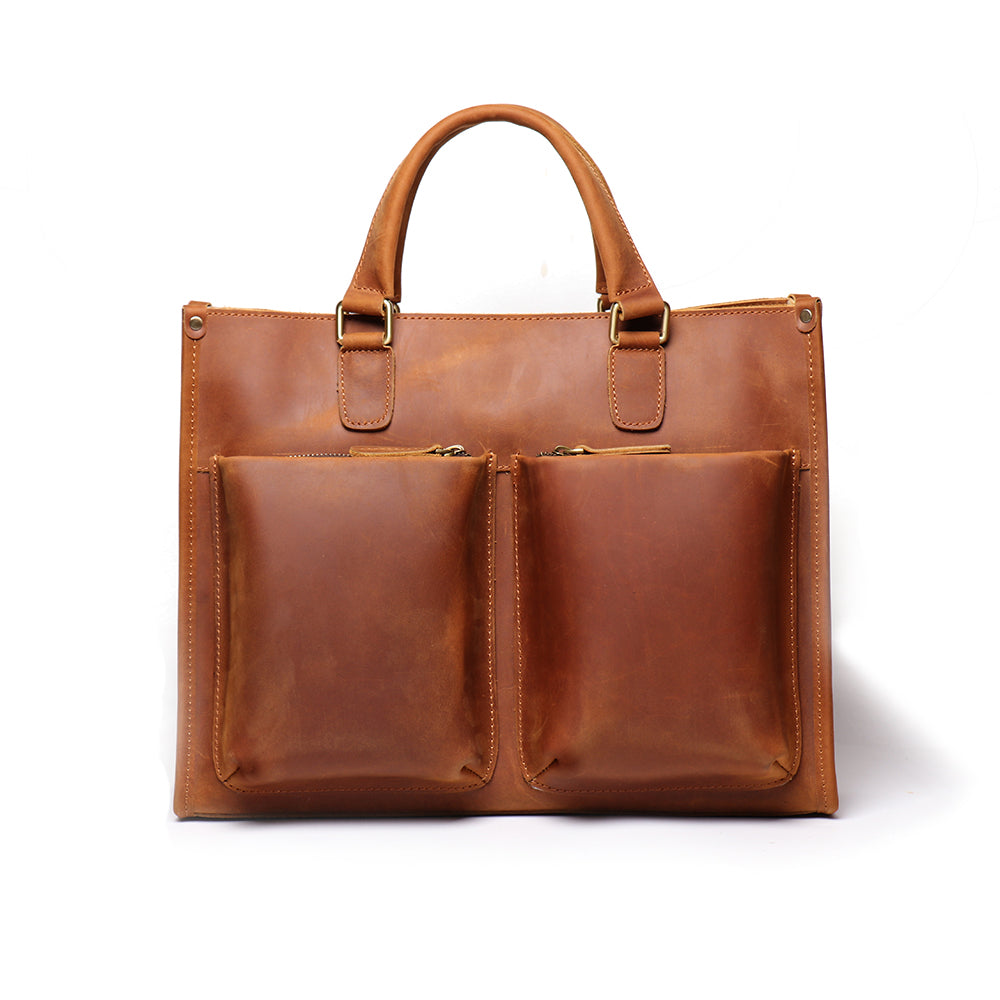 Dagmar Leather Briefcase vintage brown Crazy Horse leather messenger bag with adjustable shoulder strap and multiple zippered compartments