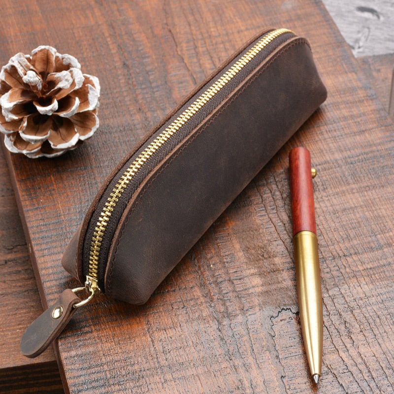 Paavo Leather Pen Case made from full grain crazy horse leather with brass YKK zipper and compact design