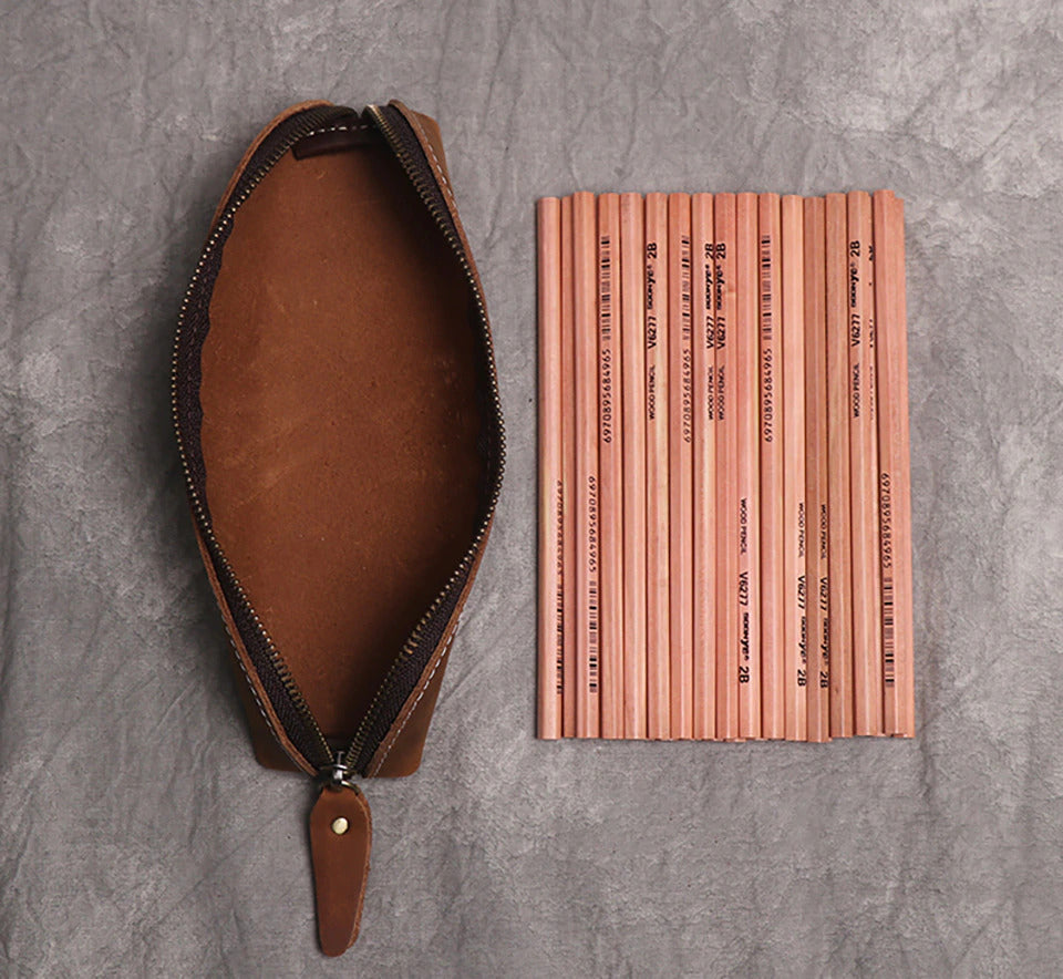 Paavo Leather Pen Case handcrafted from full grain crazy horse leather with brass YKK zipper