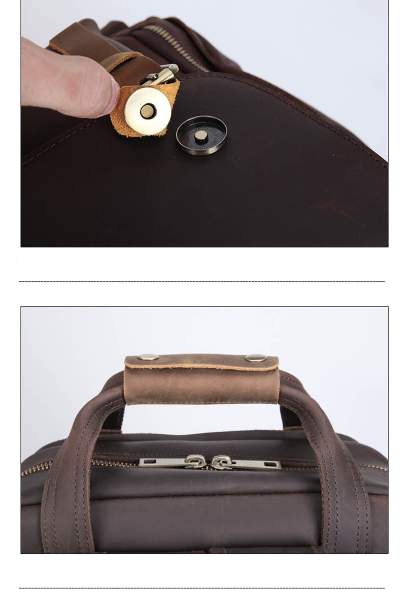 Gaetano large leather camera bag backpack made of full-grain crazy horse leather with padded straps and multiple compartments for camera gear and laptop