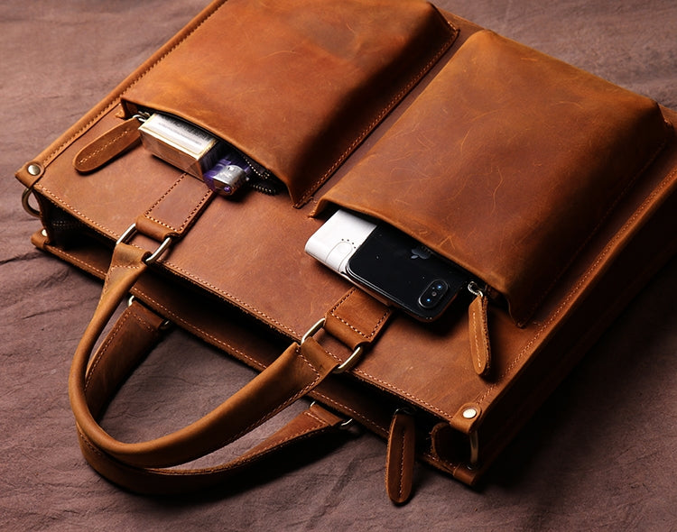 Dagmar leather briefcase vintage messenger bag in rich brown Crazy Horse leather with adjustable shoulder strap and multiple compartments
