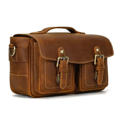 The Faust Leather Crossbody Messenger Bag made from full-grain crazy horse leather, designed for photographers and everyday carry